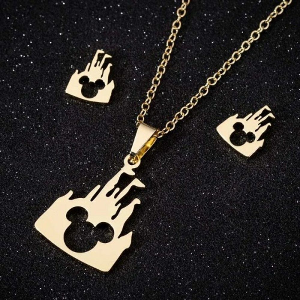 Stainless Steel Gold Magic Castle with Mickey Mouse Stud Earrings & Necklace Set